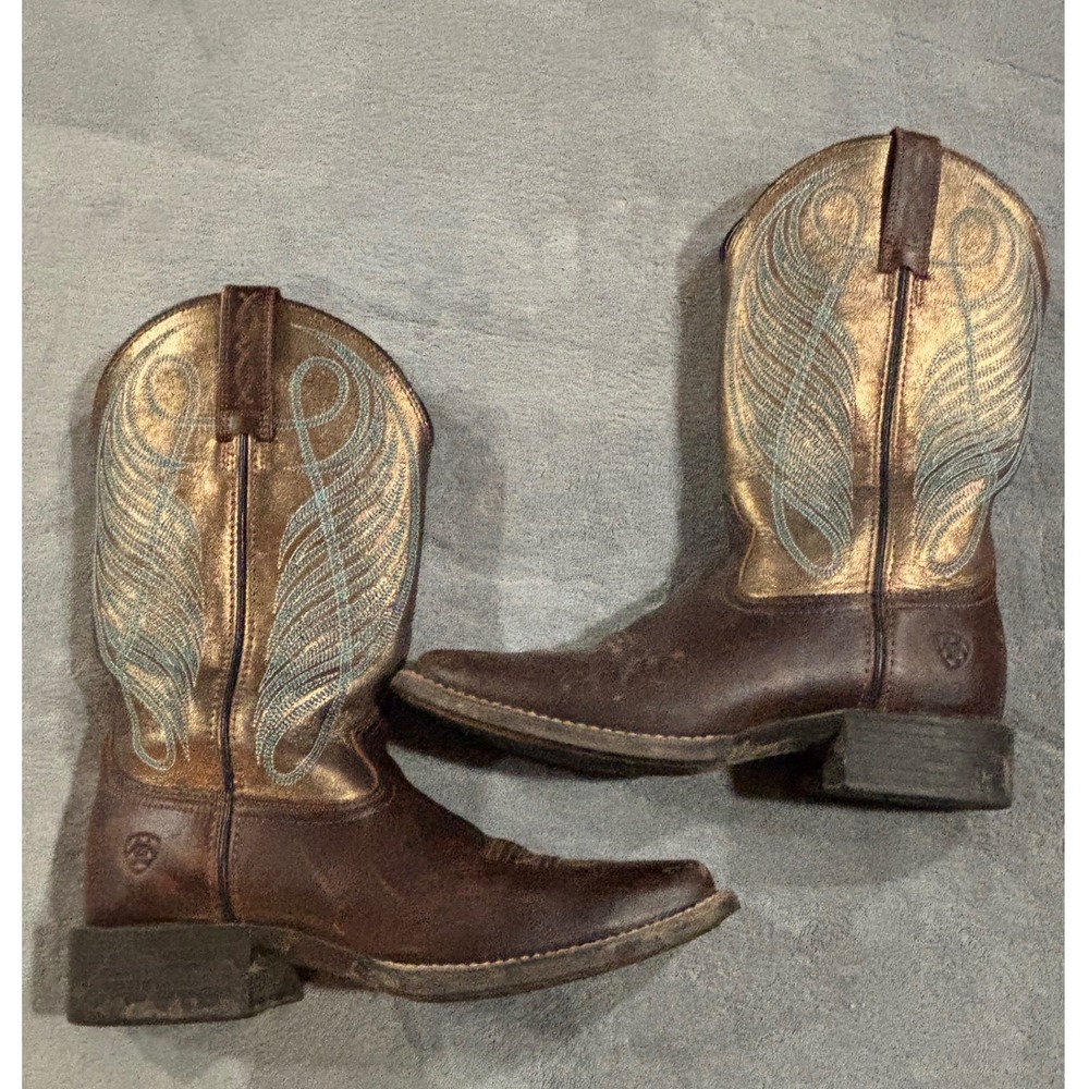 Ariat Womens Brown Leather Gold Teal Feather Western Boots 10016317 Size 7B